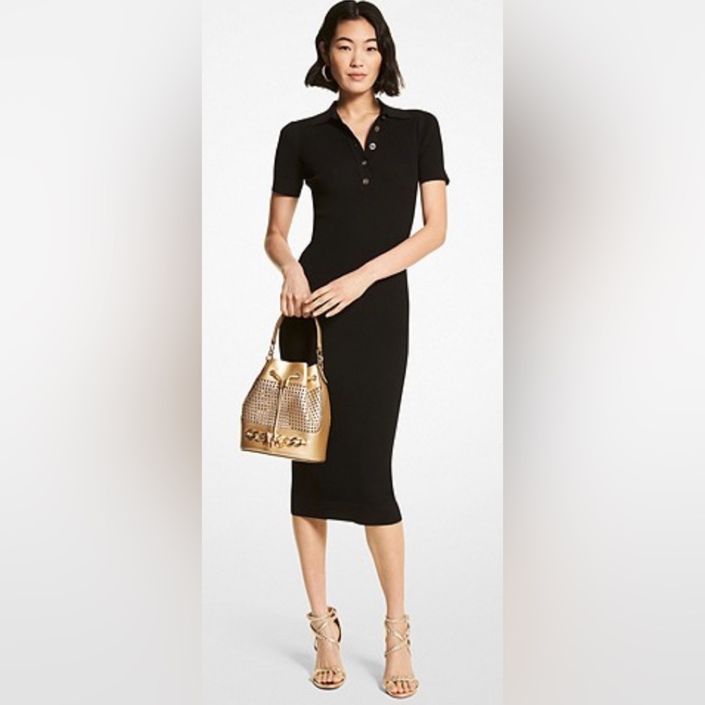 Logo Button Ribbed Viscose Blend Polo Dress-size L